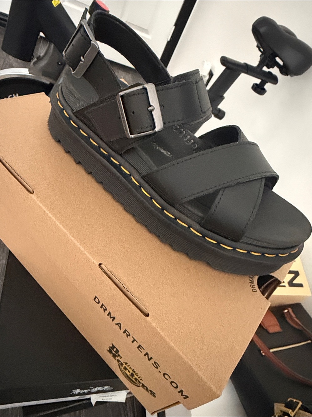 Dr. Martens Black Leather Platform Sandals with Yellow Stitching